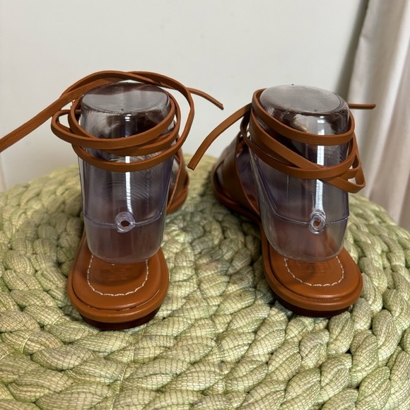 NWOB Tory Burch Gemini Link Lace Up Wrap Flat Royal Tan/Gold Leather Sandals - Picture 10 of 12